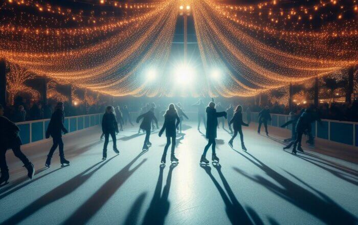 Patinoire, patineurs, lumière